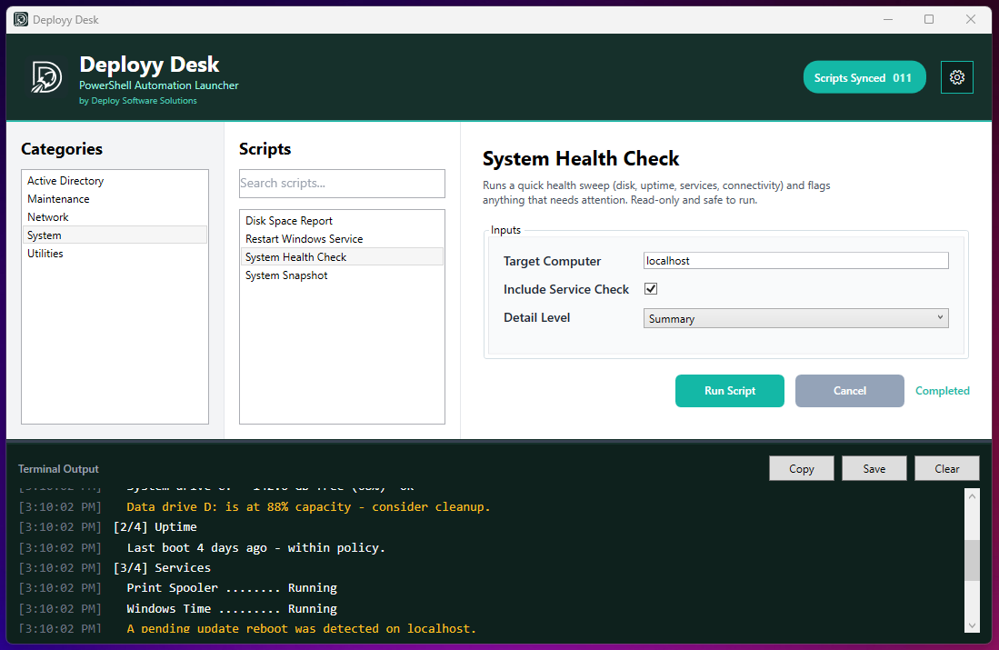 Deployy Desk showing a script's auto-generated input form and live console output