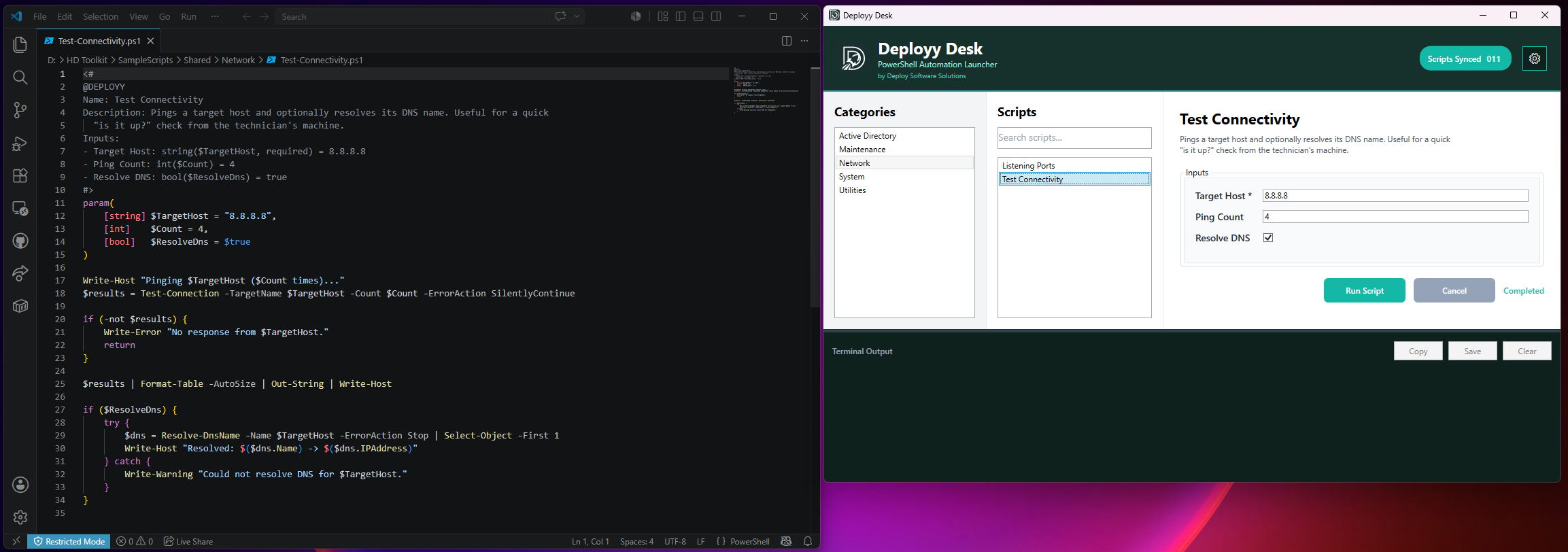 A PowerShell script's @DEPLOYY metadata block beside the form Deployy Desk generates from it