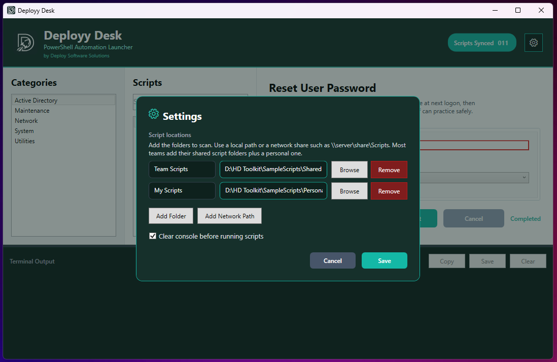 Deployy Desk settings, showing multiple script locations including network shares